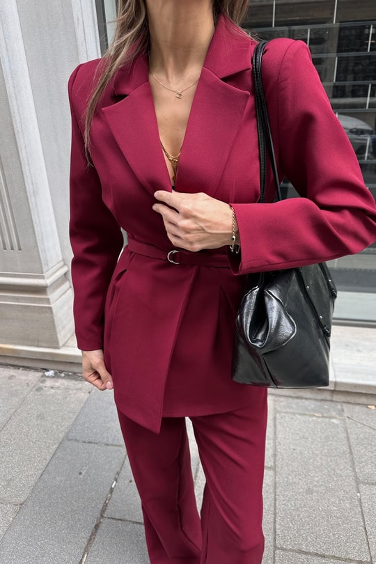 İnce Kemerli Ceket Pantolon Takım Bordo