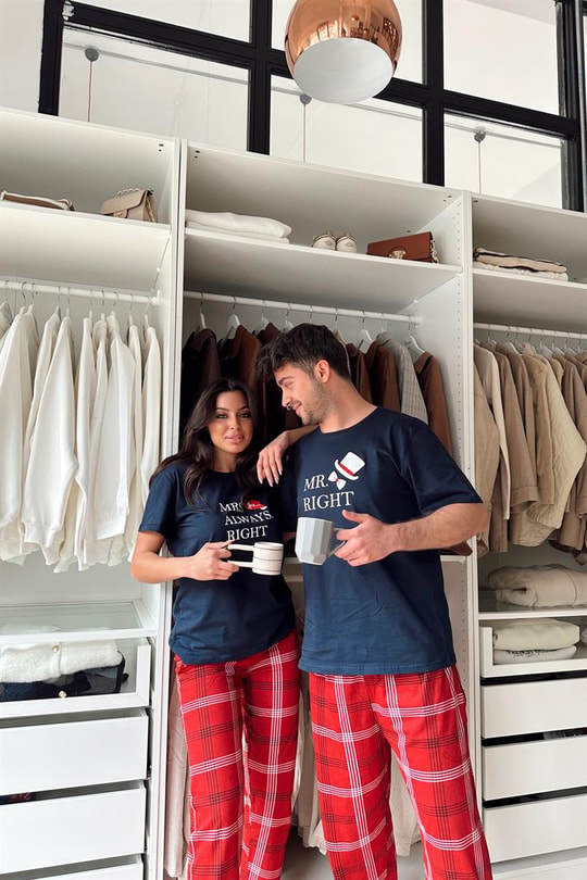 Kadın Kare Desen Çift Pijama Takımı Lacivert