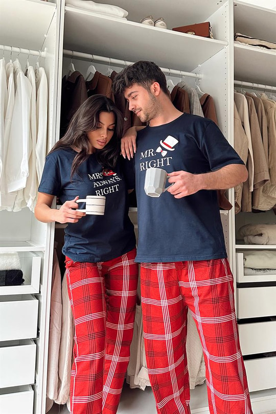 Kadın Kare Desen Çift Pijama Takımı Lacivert