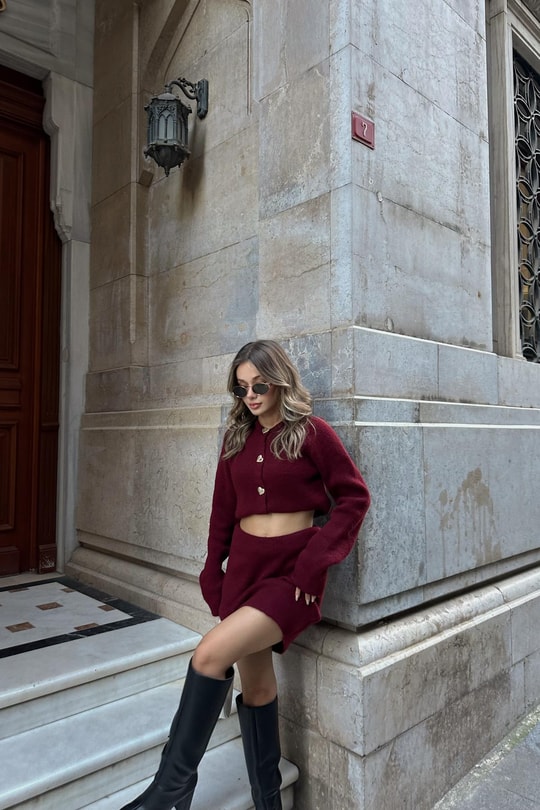 Kalp Düğmeli Triko Takım Bordo