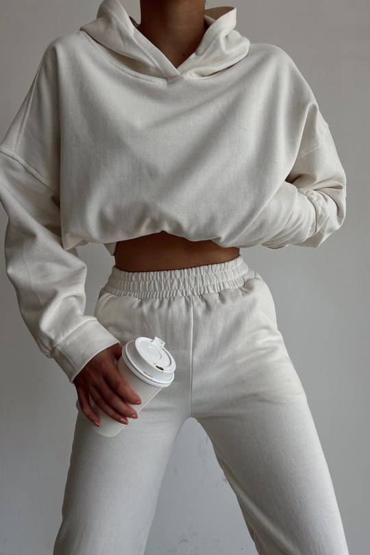 Kapüşonlu Relax Jogger Sweat Takım Beyaz