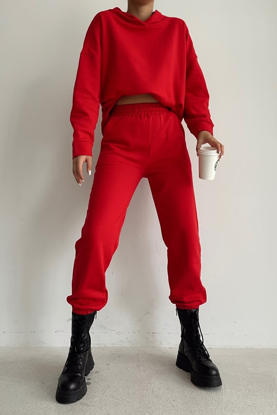 Kapüşonlu Relax Jogger Sweat Takım Kırmızı