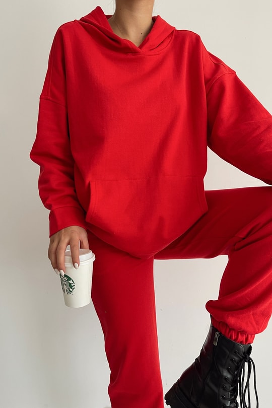 Kapüşonlu Relax Jogger Sweat Takım Kırmızı
