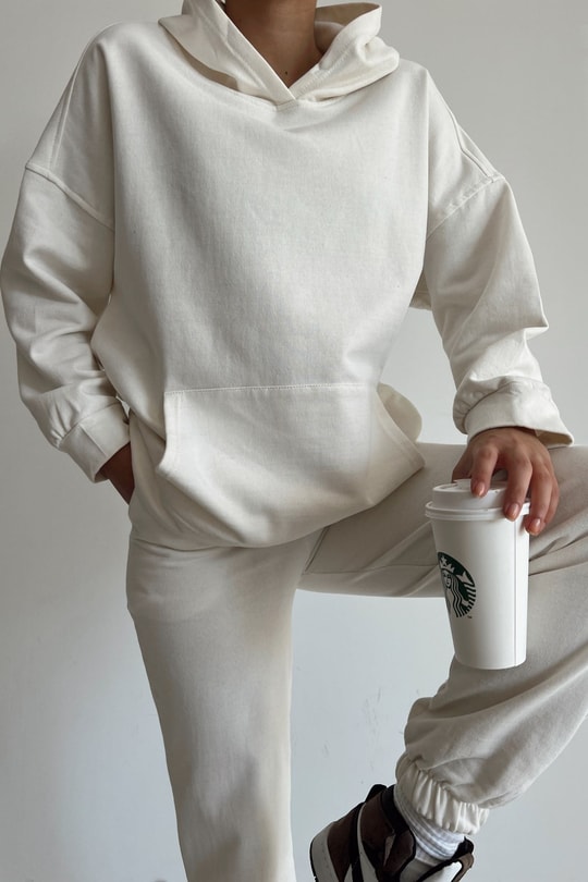 Kapüşonlu Relax Jogger Sweat Takım Beyaz