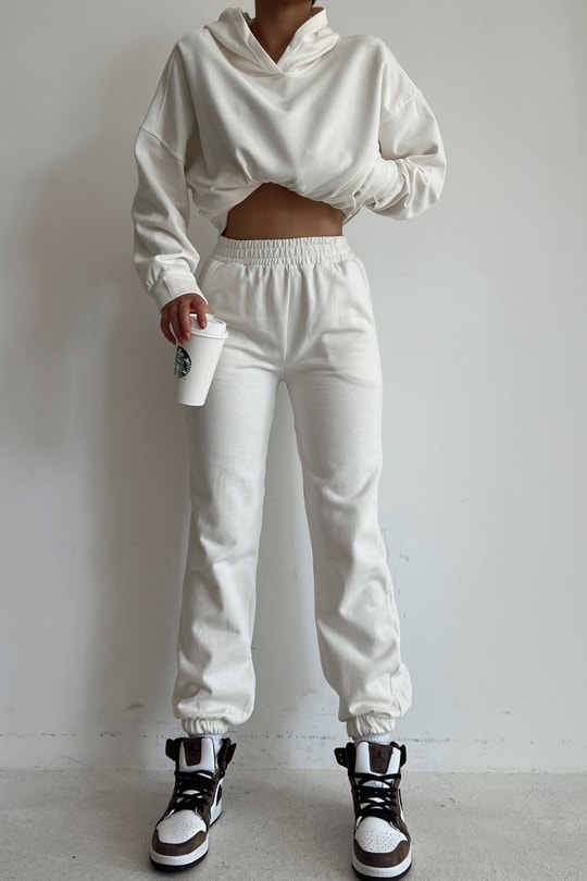 Kapüşonlu Relax Jogger Sweat Takım Beyaz