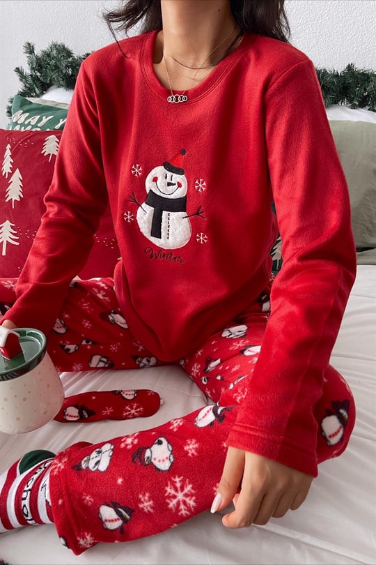 Kardan Adam Üç Parçalı Pijama Takımı Kırmızı