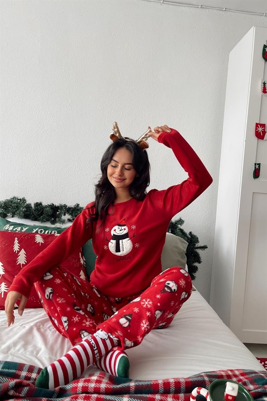 Kardan Adam Üç Parçalı Pijama Takımı Kırmızı