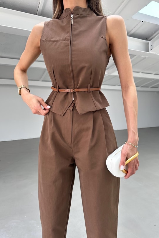 Kemerli Gabardin Takım Kahve