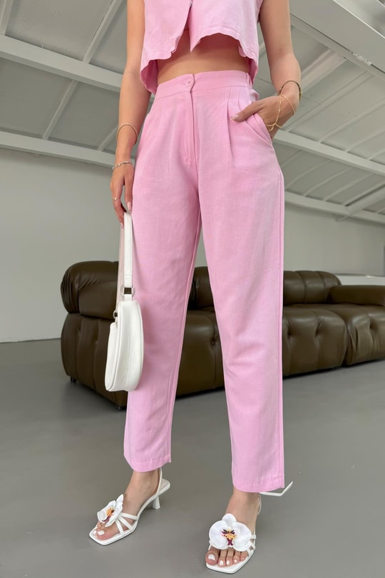 Keten Düğmeli Takım Pembe