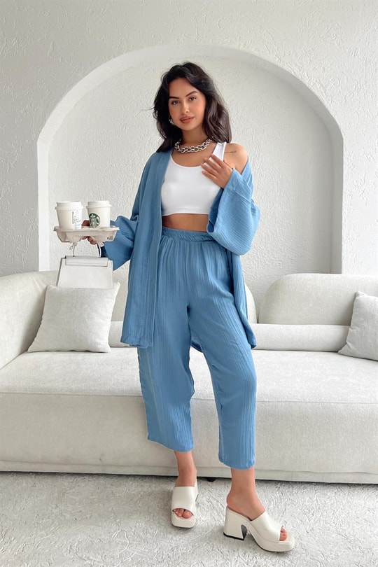 Keten Kimono Pantolon Takım Açık Mavi