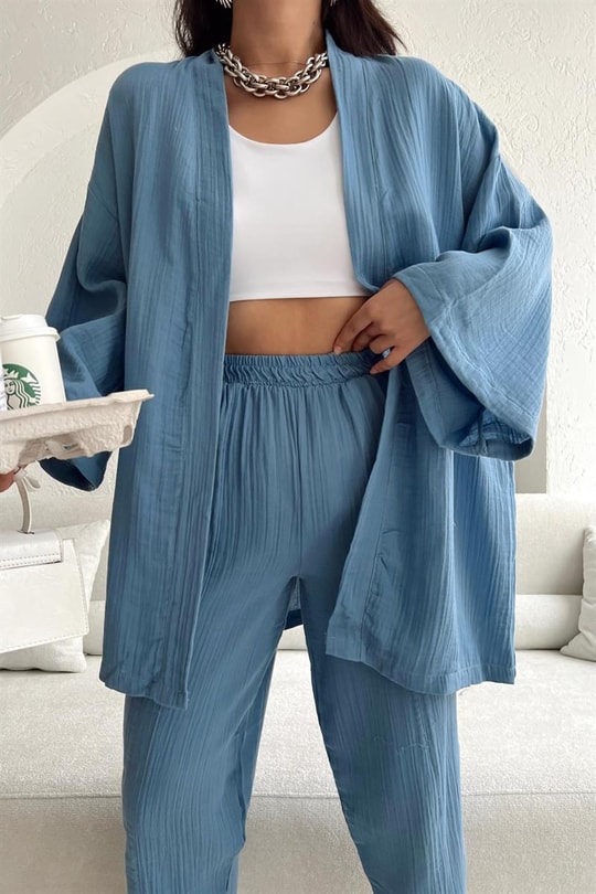 Keten Kimono Pantolon Takım Açık Mavi