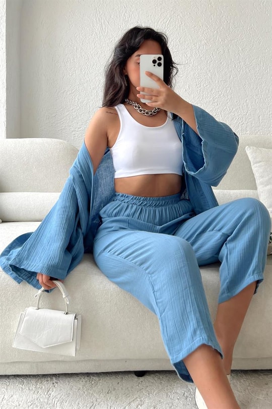 Keten Kimono Pantolon Takım Açık Mavi