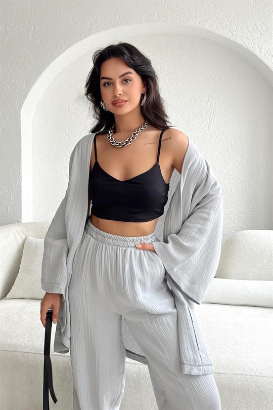 Keten Kimono Pantolon Takım Gri