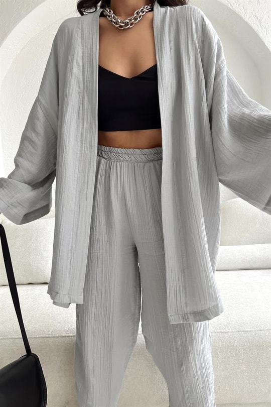 Keten Kimono Pantolon Takım Gri