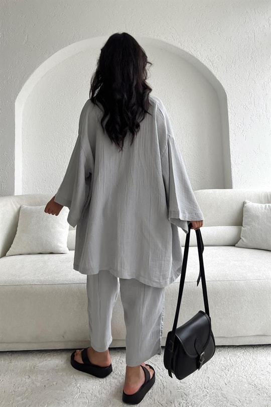 Keten Kimono Pantolon Takım Gri