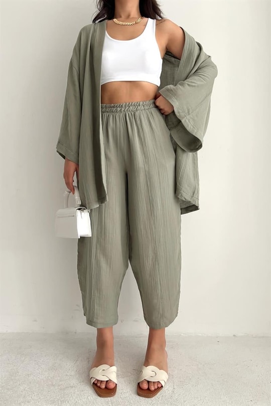 Keten Kimono Pantolon Takım Haki