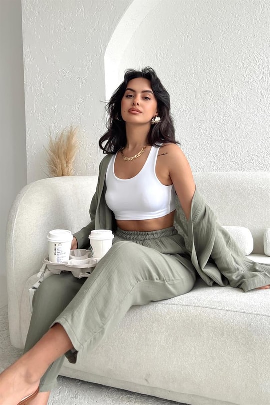 Keten Kimono Pantolon Takım Haki