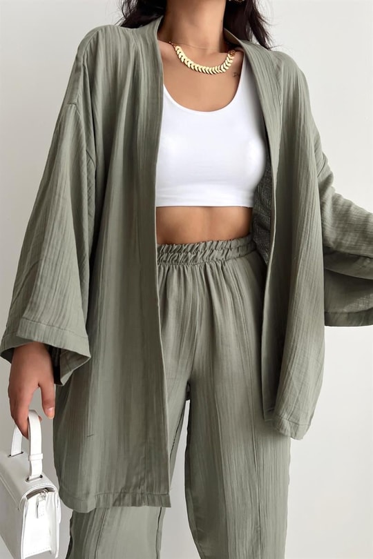 Keten Kimono Pantolon Takım Haki