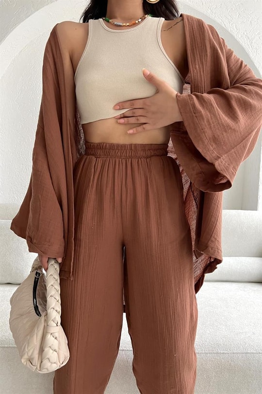Keten Kimono Pantolon Takım Taba