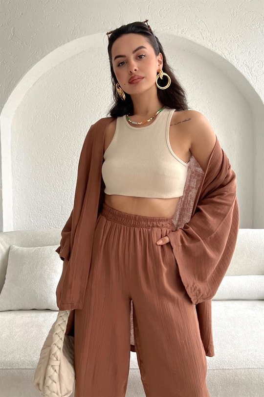 Keten Kimono Pantolon Takım Taba