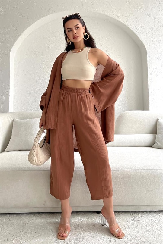 Keten Kimono Pantolon Takım Taba