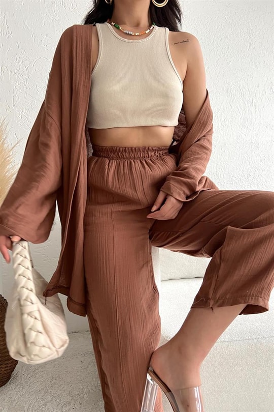 Keten Kimono Pantolon Takım Taba