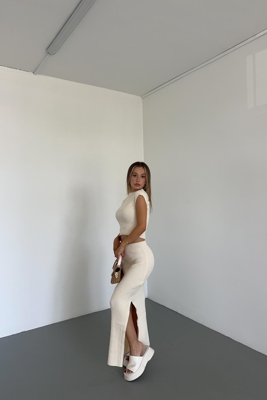 Kısa Kol Triko Takım Krem