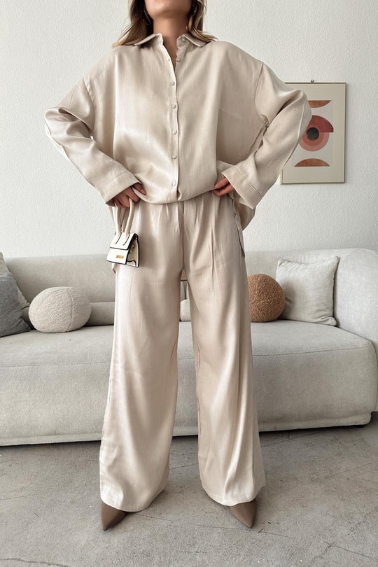 Krinkıl Saten Oversize Takım Bej