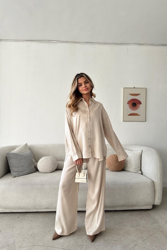 Krinkıl Saten Oversize Takım Bej