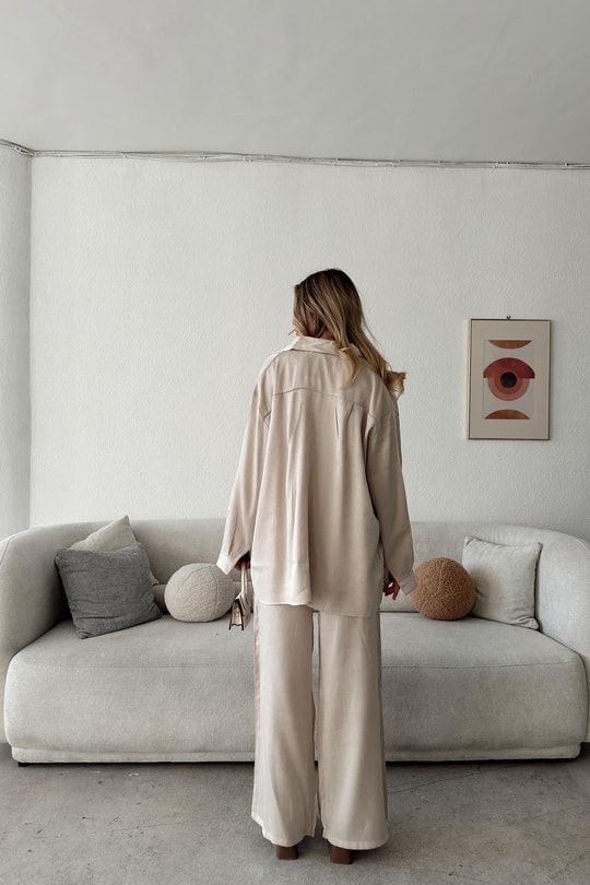 Krinkıl Saten Oversize Takım Bej