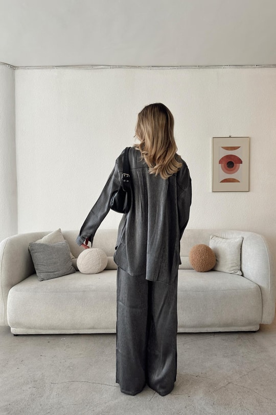Krinkıl Saten Oversize Takım Füme