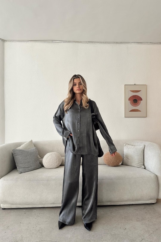 Krinkıl Saten Oversize Takım Füme