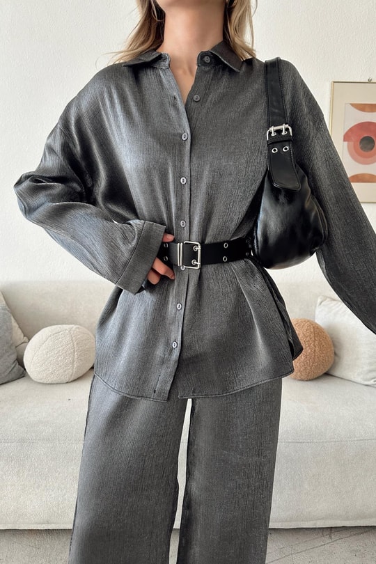 Krinkıl Saten Oversize Takım Füme
