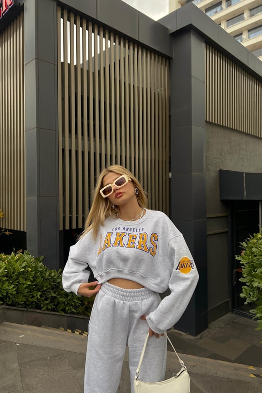 Lakers Baskılı Crop Sweat Takım Gri