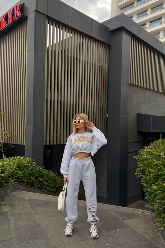Lakers Baskılı Crop Sweat Takım Gri