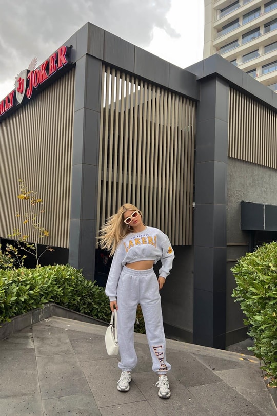 Lakers Baskılı Crop Sweat Takım Gri