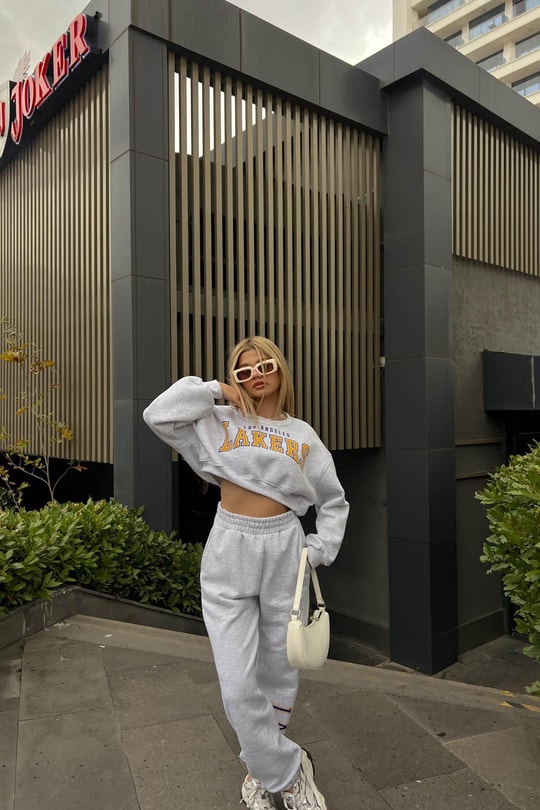 Lakers Baskılı Crop Sweat Takım Gri