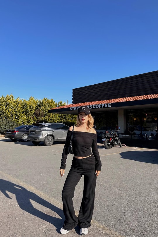 Madonna Yaka Fitilli Takım Siyah