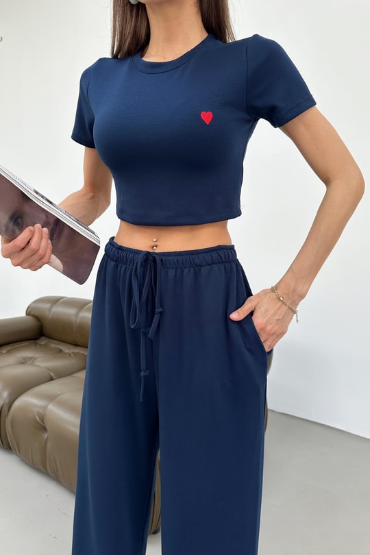 Mini Kalp Nakışlı Modal Crop Takım Lacivert