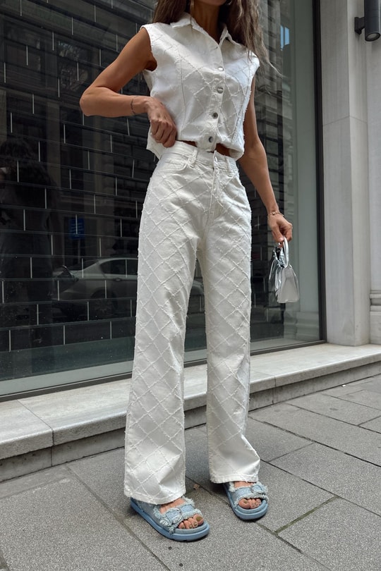 Nakıslı Denim Takım Krem