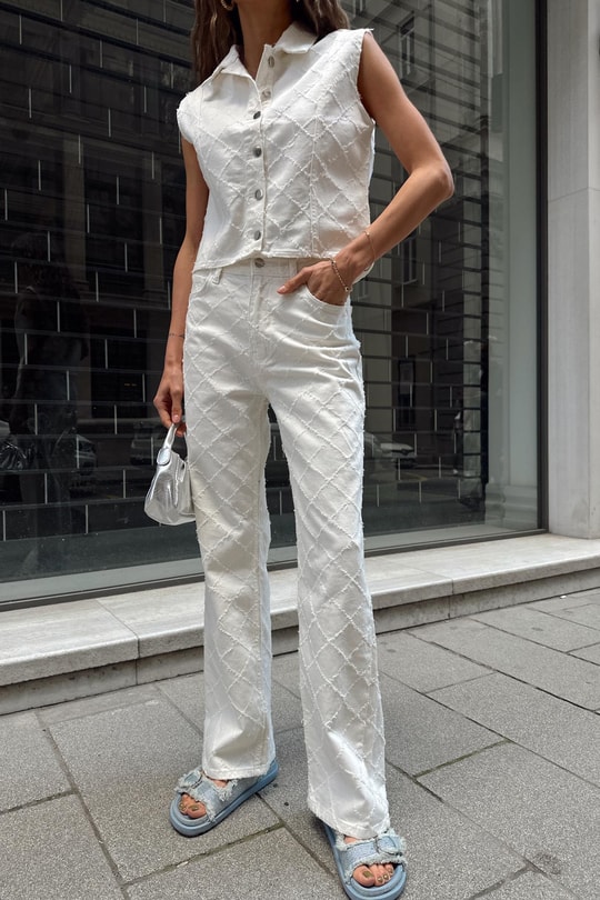 Nakıslı Denim Takım Krem