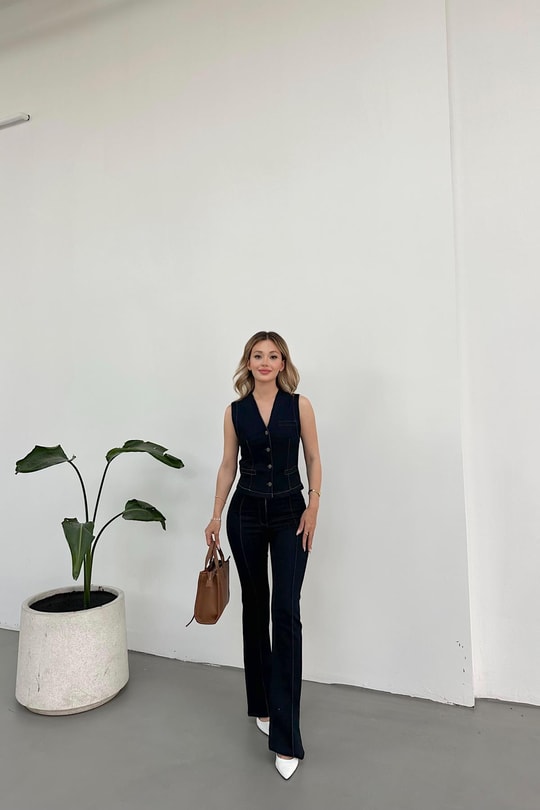 Ön Dikişli Yelek Denim Takım Lacivert