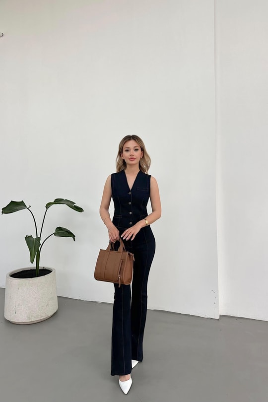 Ön Dikişli Yelek Denim Takım Lacivert