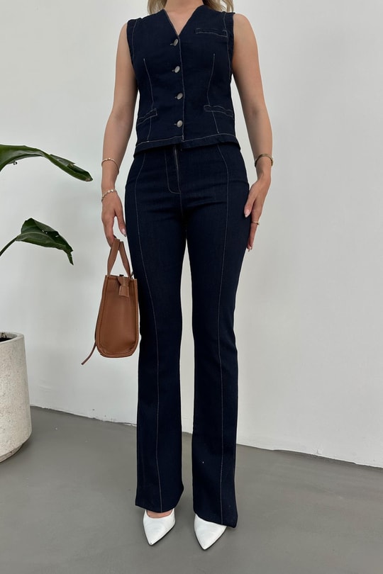 Ön Dikişli Yelek Denim Takım Lacivert
