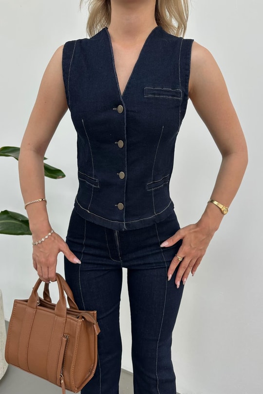 Ön Dikişli Yelek Denim Takım Lacivert