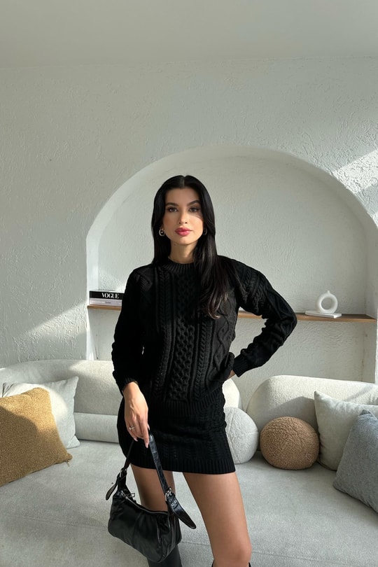 Örgü Detay Oversize Triko Etek Takım Siyah