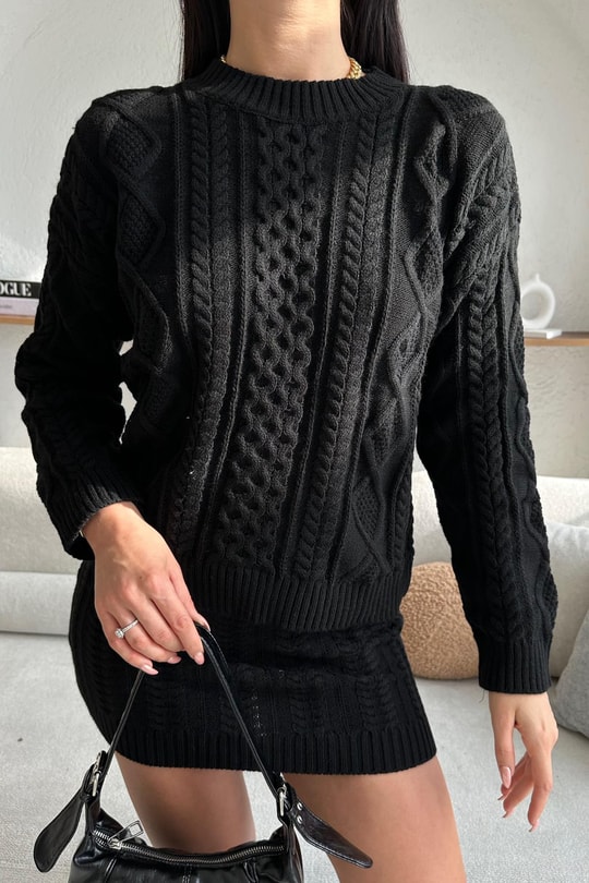 Örgü Detay Oversize Triko Etek Takım Siyah