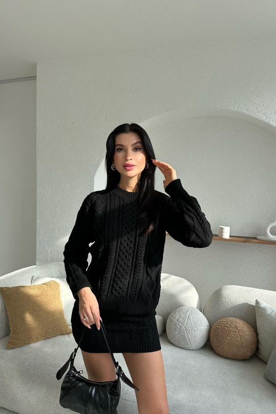 Örgü Detay Oversize Triko Etek Takım Siyah