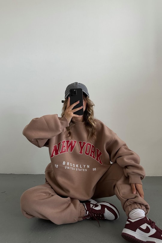 Oversize Bağcıklı NY Eşofman Takım Kahve
