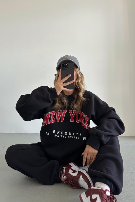 Oversize Bağcıklı NY Eşofman Takım Siyah